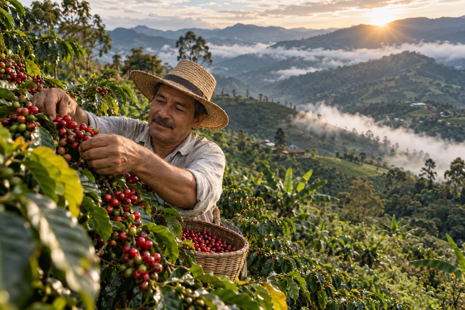 A coffee farmer selecting ripe cherries on a Colombian hillside