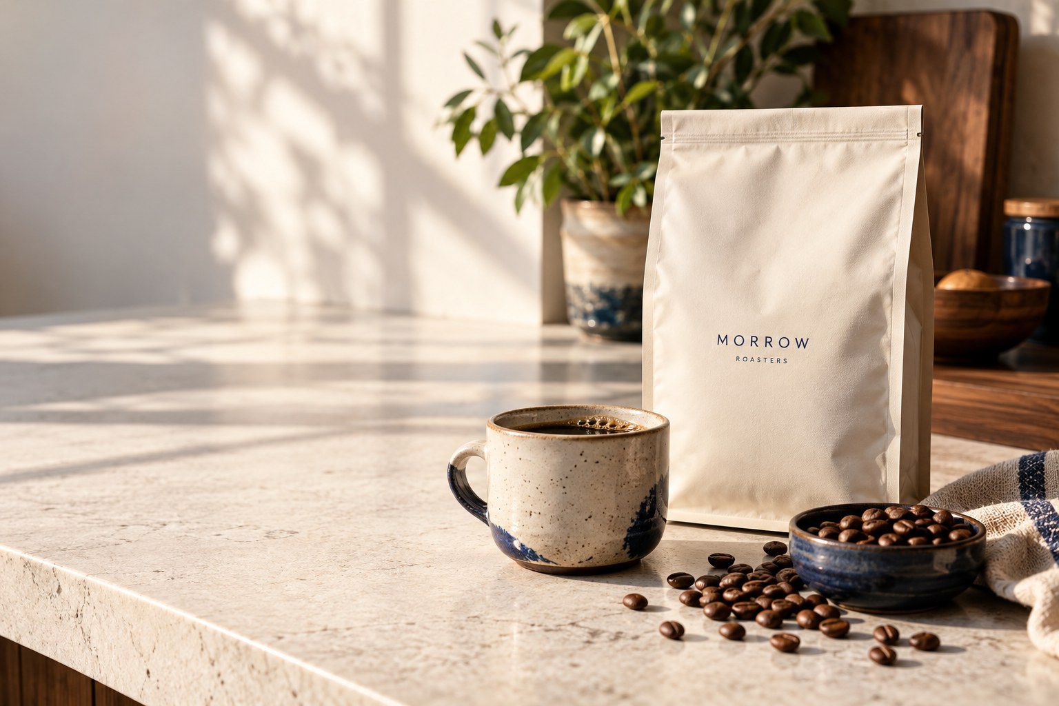 Morrow Roasters coffee bag, ceramic cup and roasted beans